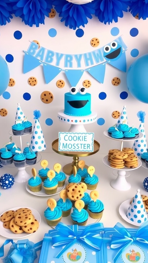Cookie Monster themed baby shower with blue desserts, cookies, and festive decorations.